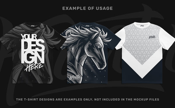 Design examples: standard screen printing, all over print, sublimation.