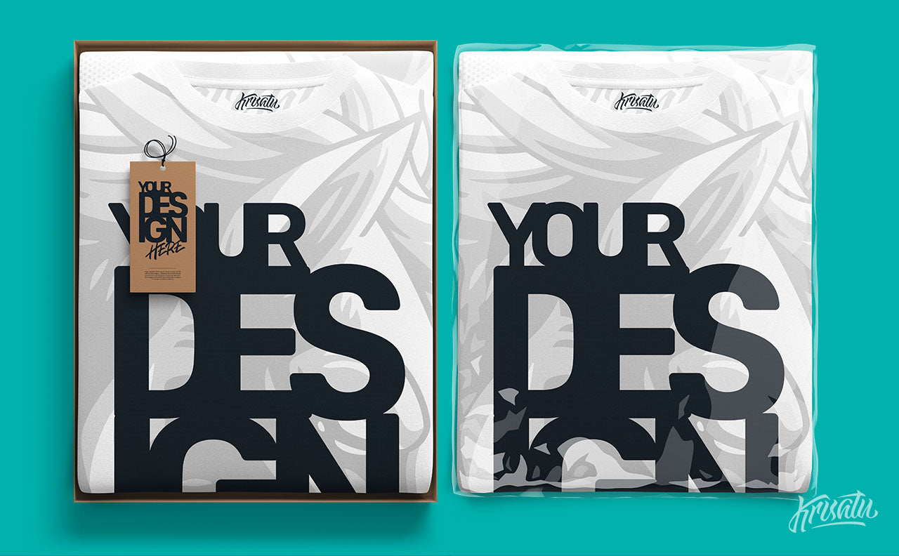 folded t-shirt mockup with box, hangtag and plastic