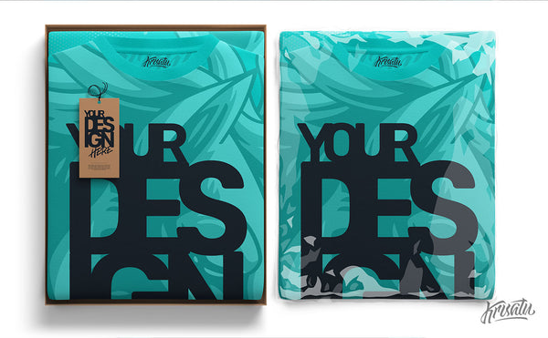 folded t-shirt mockup with box, hangtag and plastic, turquois color