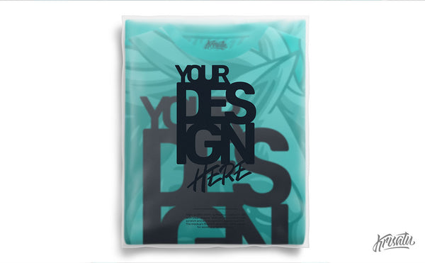 folded t-shirt in frosted plastic, psd mockup, turquois color